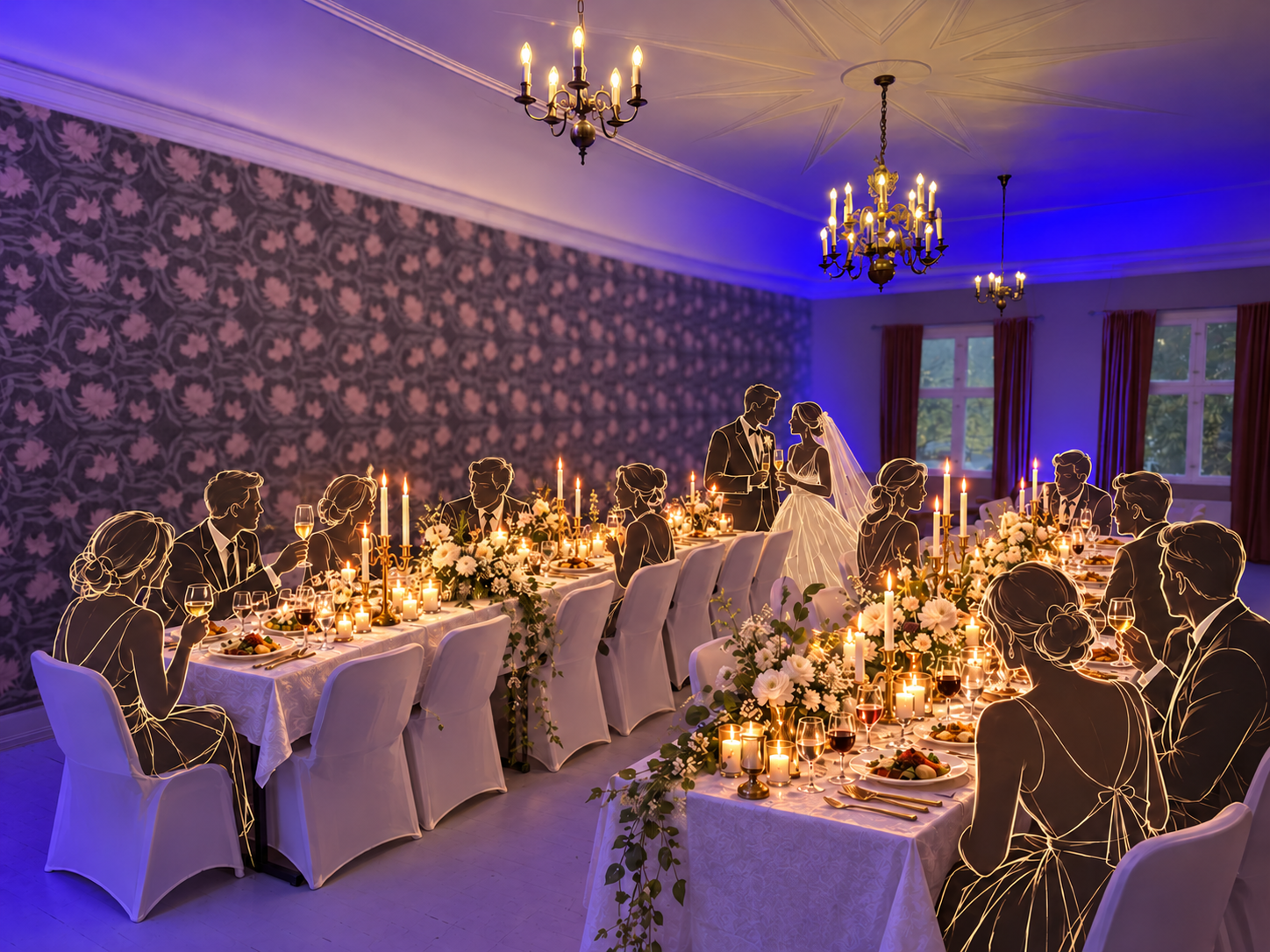 Bryllup med brudepar, blomster, kandelabre og strektegnede gjester